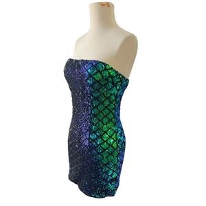 Forever 21 Sequin Bodycon Mini Dress Green Blue Purple Mermaid Strapless Medium